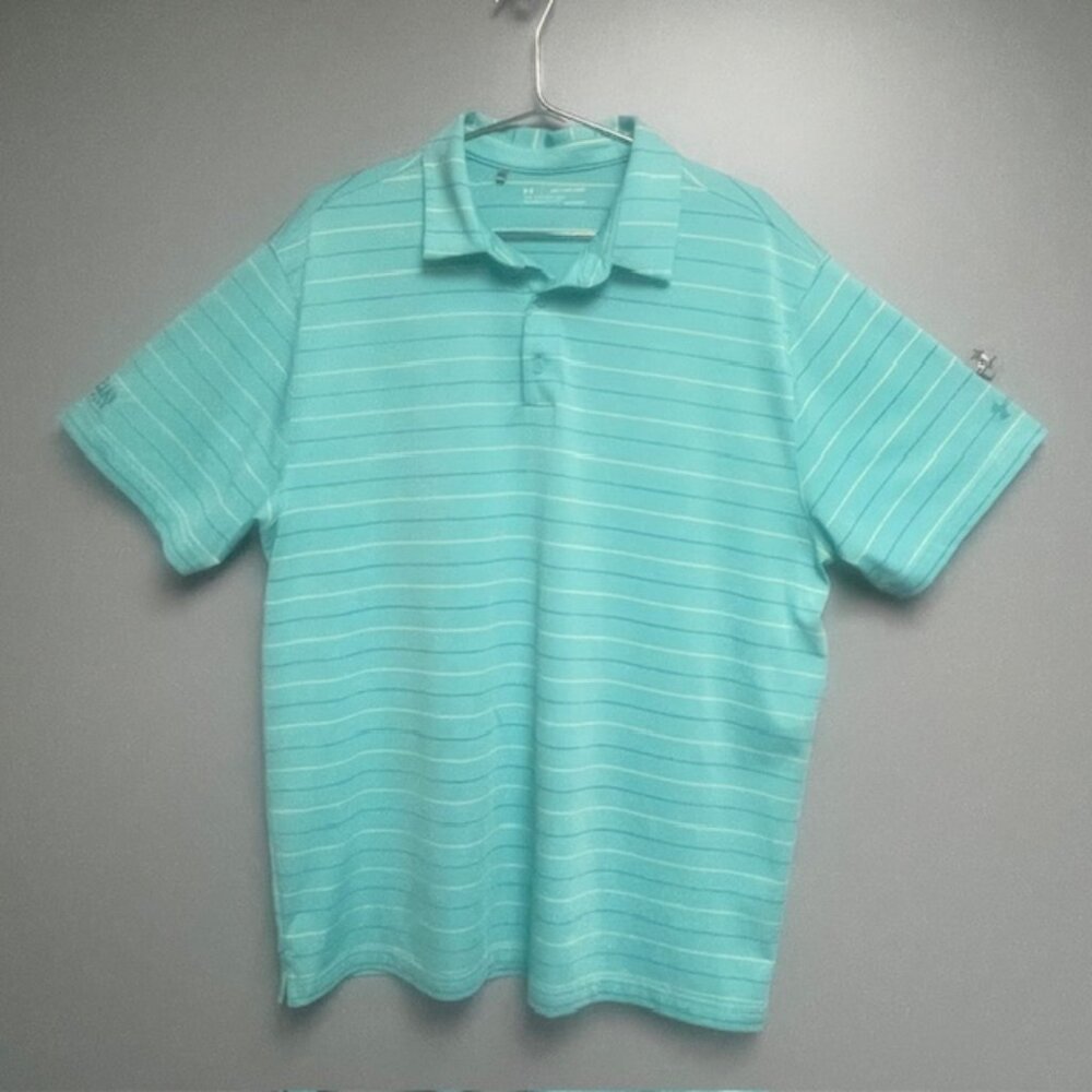 Under Armour Loose Fit Heat Gear yellow teal Striped Men's Polo Shirt - Size 2XL